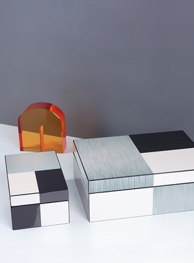 北欧简约样板间装饰盒摆件黑白拼色烤漆木质收纳首饰盒卧室梳妆台