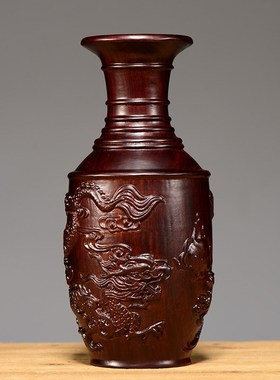 黑檀木雕刻龙凤呈祥花瓶摆件实木家居客厅中式插花新婚送礼工艺品