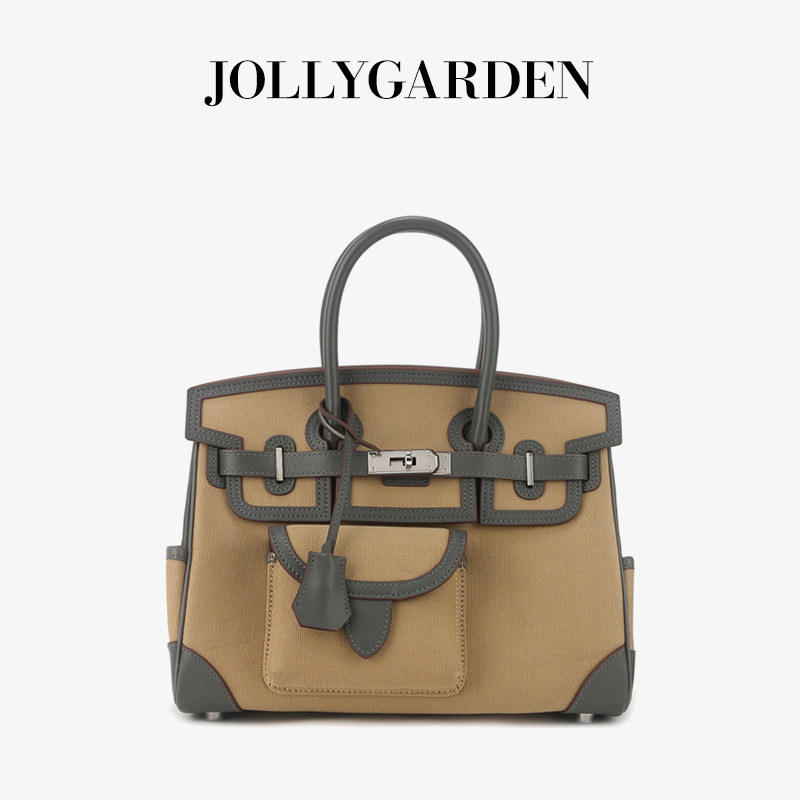 JOLLY GARDEN【渡风】新款牛皮拼帆布铂金包通勤大容量手提斜挎包,淘宝优惠券,粉丝福利购,淘宝优惠卷