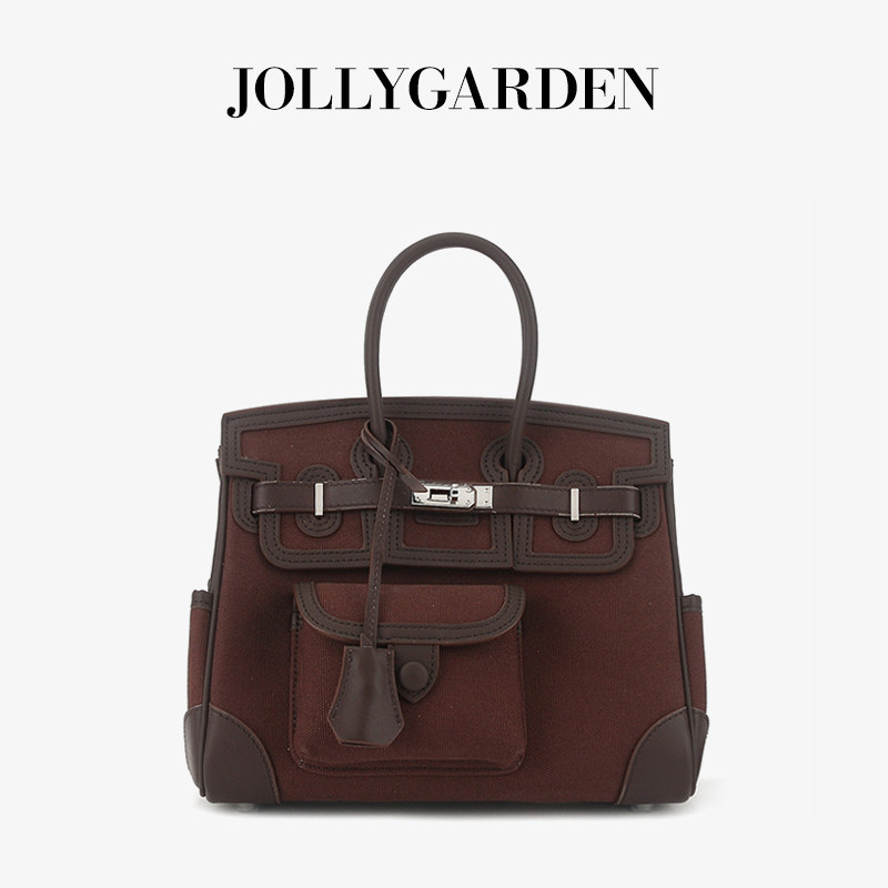 JOLLY GARDEN【渡风】新款牛皮拼帆布铂金包通勤大容量手提斜挎包,淘宝优惠券,粉丝福利购,淘宝优惠卷