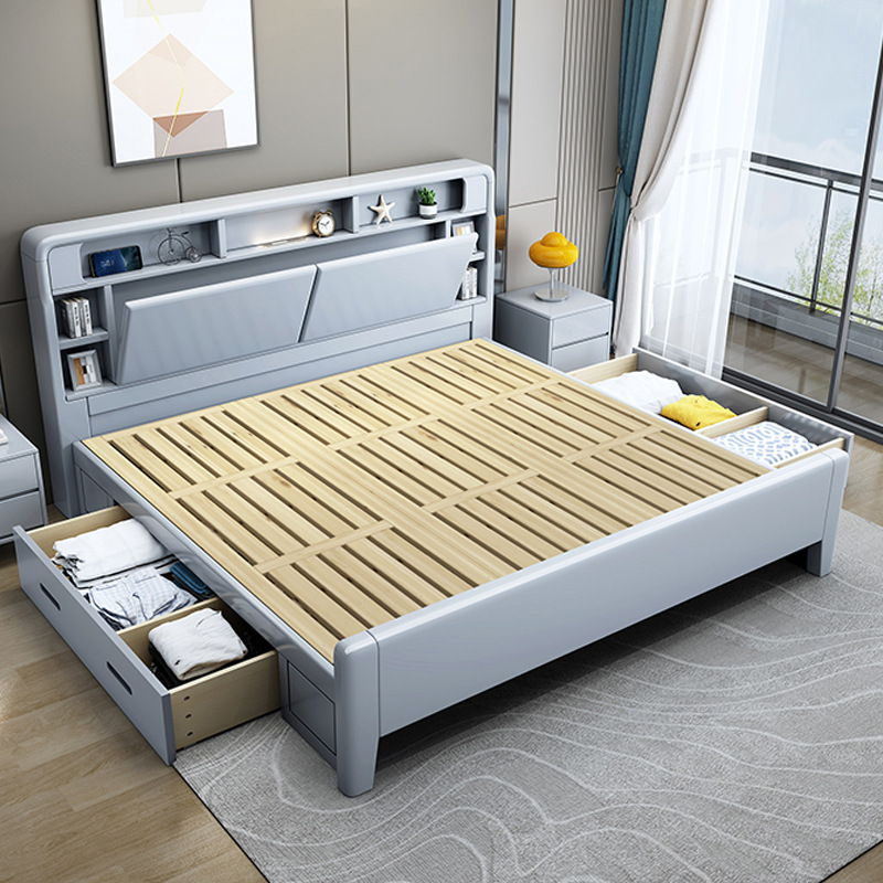 现代简约实木床1.8米双人床带夜灯1.5米经济型北欧白色高箱储物床 - 图1