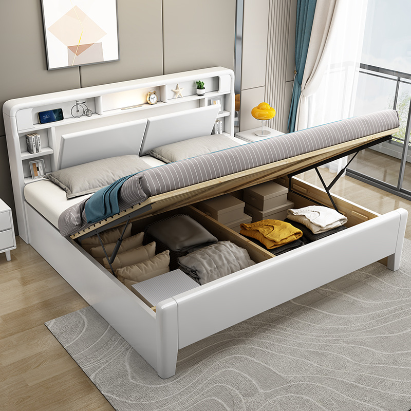 现代简约实木床1.8米双人床带夜灯1.5米经济型北欧白色高箱储物床 - 图0