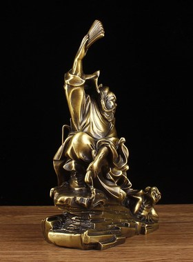 纯黄铜钟馗摆件钟馗像客厅玄关酒柜办公室工艺品礼品拿扇钟馗