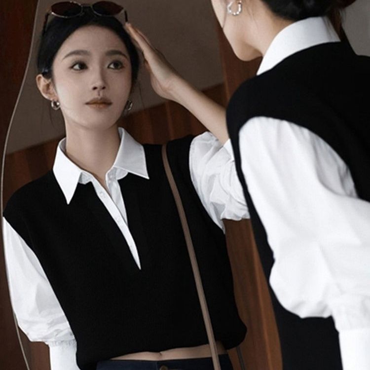 秋冬复古辣妹撞色衬衫领打底衫女内搭修身显瘦假两件长袖上衣 - 图2