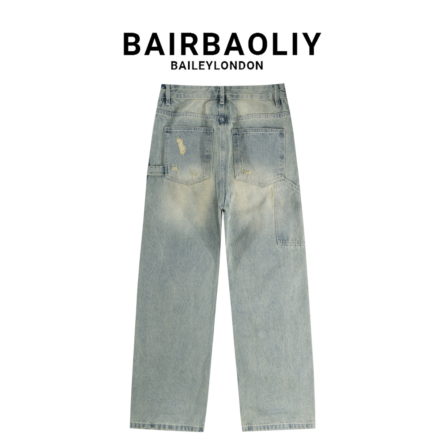 BAIRBAOLIY街头个性毛边拼接破洞美式牛仔裤设计感宽松直筒长裤男,淘宝优惠券,粉丝福利购,淘宝优惠卷