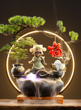 流水生财招财猫h客厅装饰循环水灯圈倒流香摆件办公室桌面开业礼