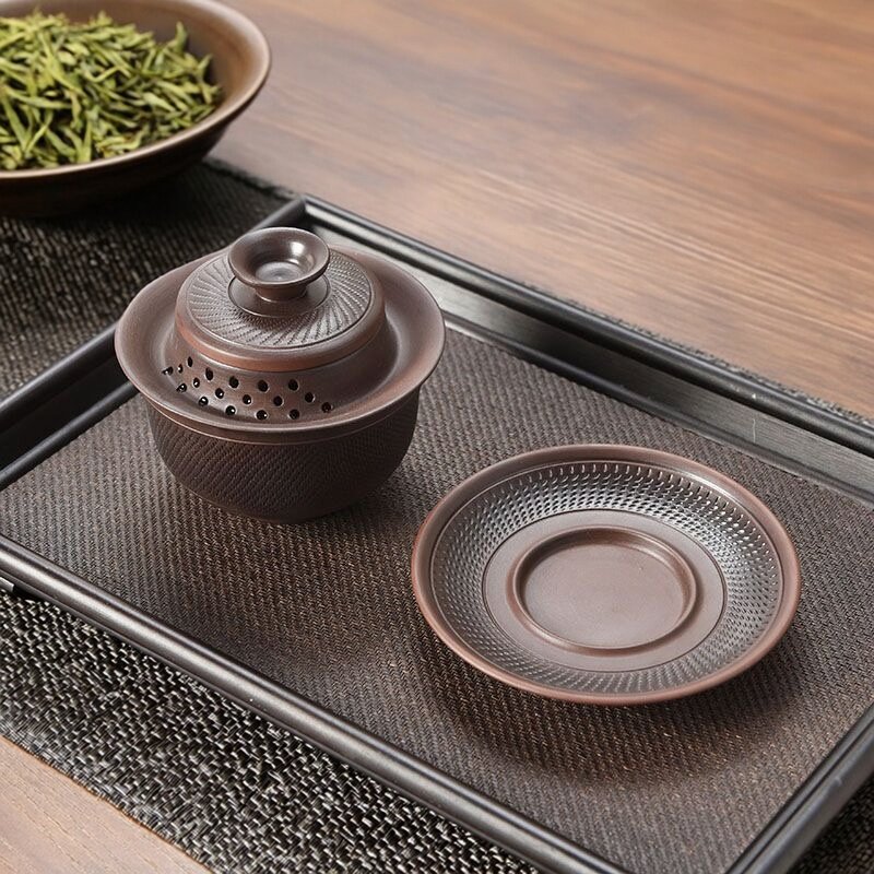 She De purple pottery Han tile jumping knife Sancai covered tea bowl Kungfu tea set tea set hand-grip anti-scald tea cup