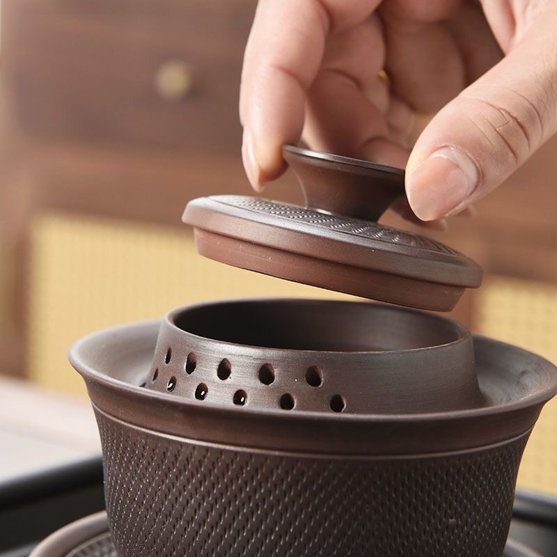 She De purple pottery Han tile jumping knife Sancai covered tea bowl Kungfu tea set tea set hand-grip anti-scald tea cup