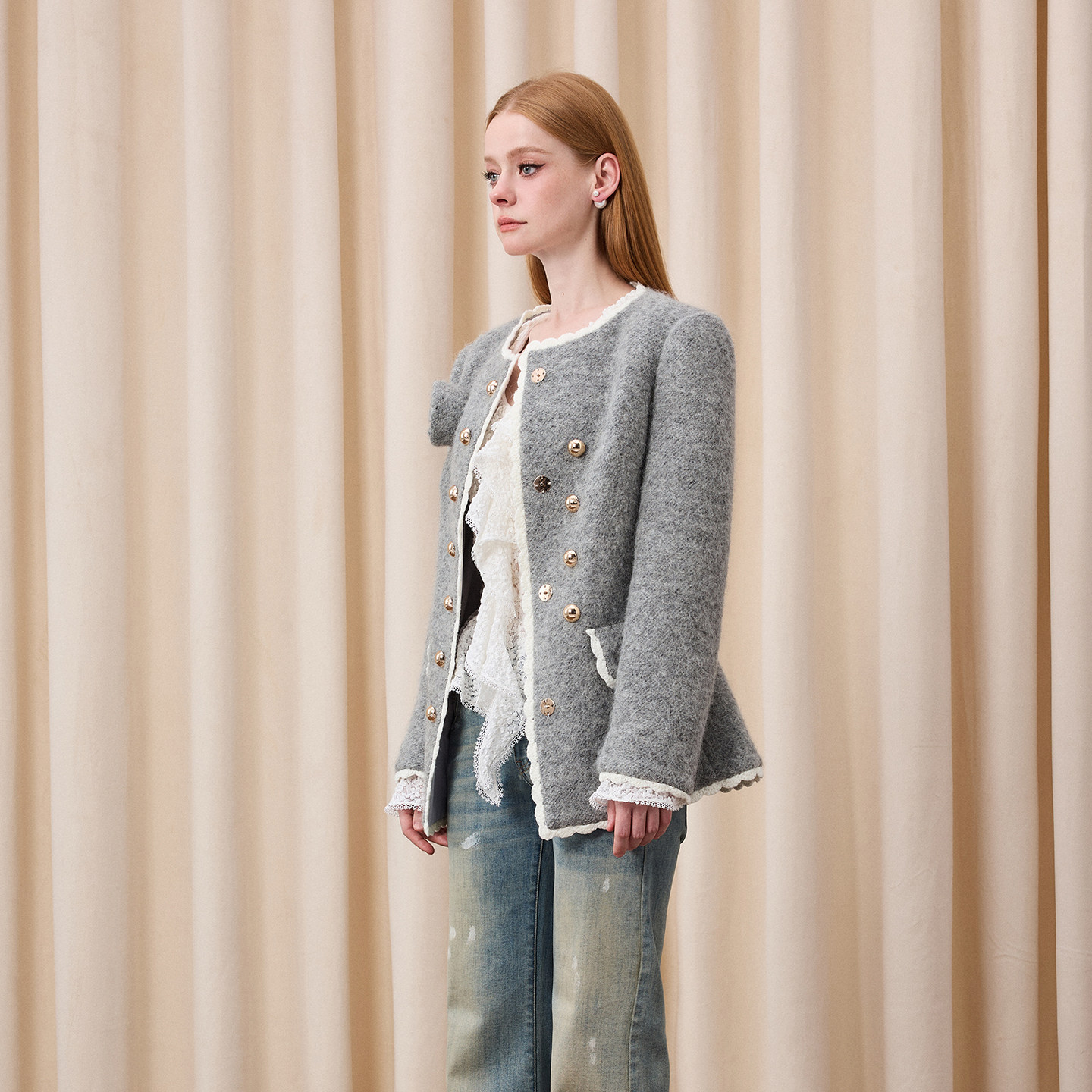 Eimismosol2026新款撞色粗花呢花边短外套女修身中长保暖上衣,淘宝优惠券,粉丝福利购,淘宝优惠卷