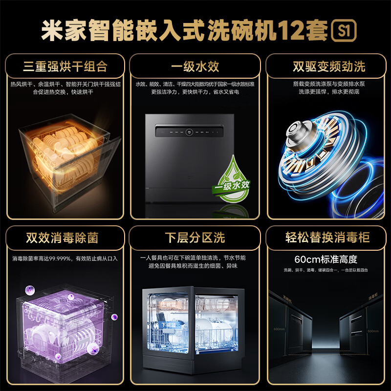 小米米家智能嵌入式洗碗机12套S1全自动家用灶下嵌入式洗烘一体A