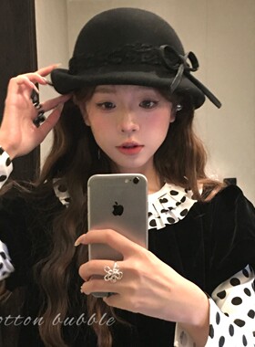 法式黑色蝴蝶结羊毛帽子秋冬季女