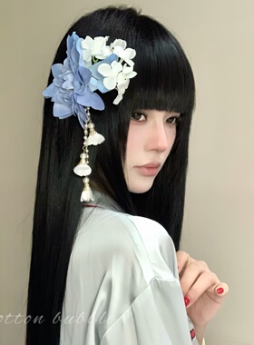 超仙蓝色花朵流苏头饰发夹新中式