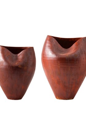 景德镇复古做旧新中式锈红色陶瓷花器花瓶摆件样板间酒店玄关装饰