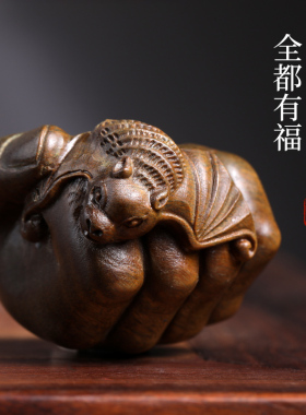 天然绿檀木实木雕刻全都有福小摆件文玩手把件家居装饰品工艺品