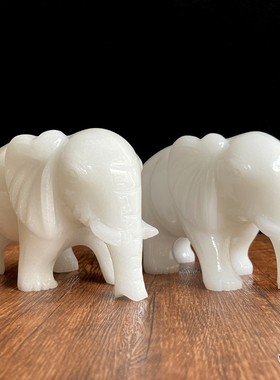 白玉吸水大象摆件一对动物客厅玄关D家居装饰品天然玉石雕刻新中