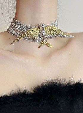 欧美重工夸张多层闪钻链条飞鸟燕子项链轻奢小众高级感choker颈链