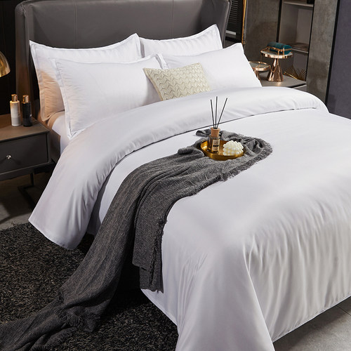 宾馆酒店床上用品四件套民宿公寓纯白色布草被套床单床笠品三件套 - 图2