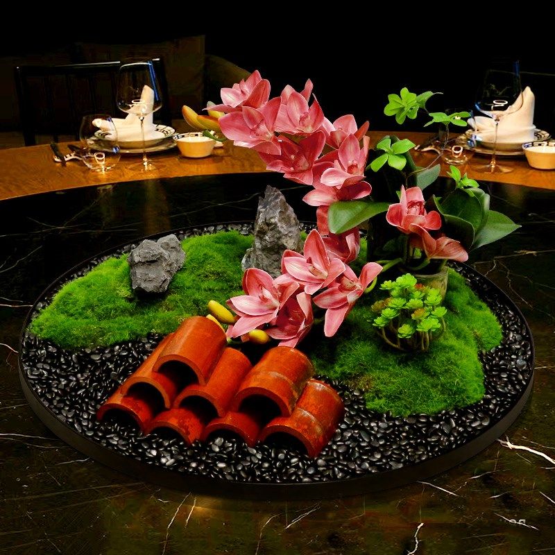 酒店餐桌中间摆件高端包厢装饰品摆设圆桌转盘中心景观餐桌花假花,淘宝优惠券,粉丝福利购,淘宝优惠卷