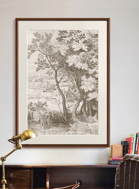 法式中古风素描风景客厅沙发挂画复古玄关书房装饰画餐厅边柜壁画