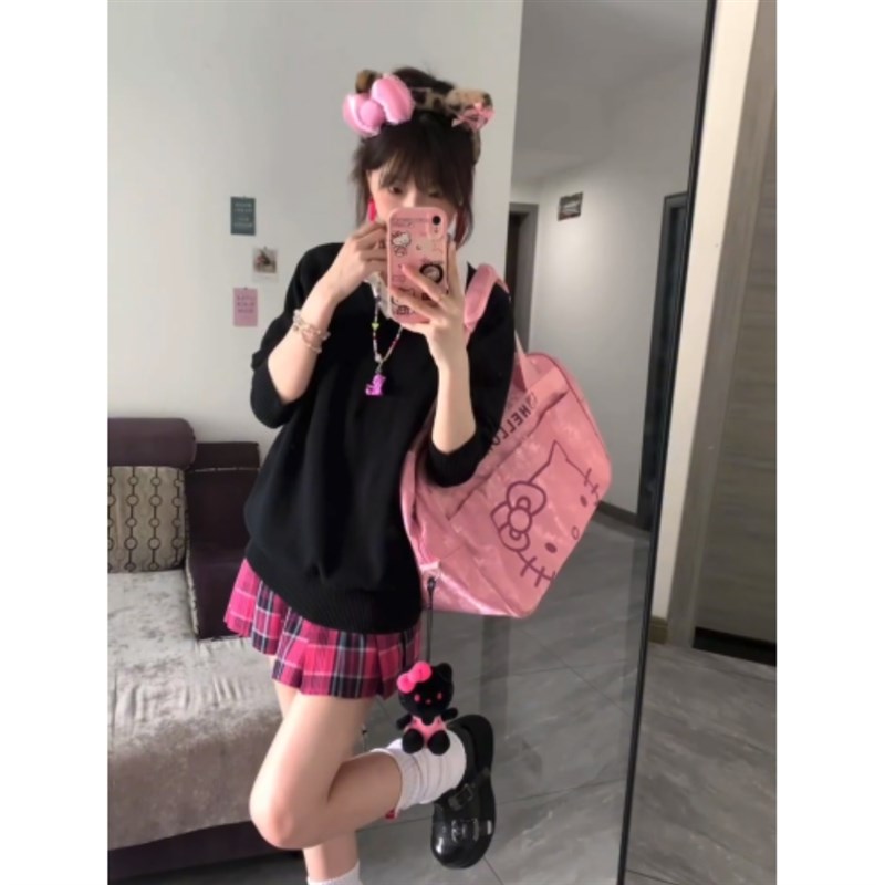 小玫JK制服套装黑色套头毛衣女秋冬学院风百搭v领针织衫长袖上衣 - 图1