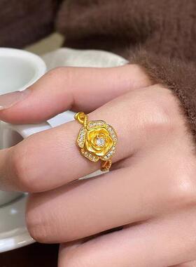 新款金色玫瑰戒指女款金色带钻玫瑰花时尚开口指环玫瑰花戒指指环