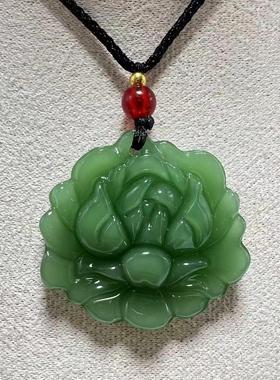 新款玻璃和田玉莲花吊坠男士女款碧玉荷花玉佩玉石项链玉坠毛衣链