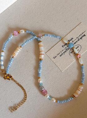 夏日度假风甜美多巴胺彩色小米珠项链小众时尚气质百搭锁骨链饰品