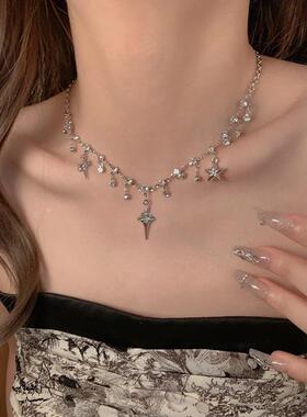 四芒星闪钻水滴项链跨境热销轻奢高级感设计十字架流苏锁骨链颈链