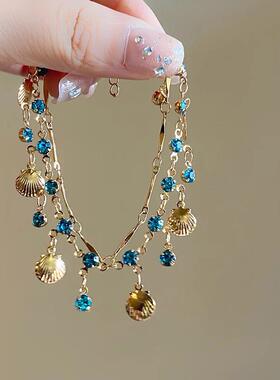 跨境海的女儿~蓝色锆石金色贝壳项链百搭手链设计轻奢吊坠首饰