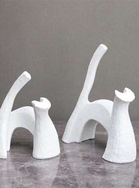 新中式白色条纹艺术猫样板房售楼部卧室书房客厅桌面玄关饰品摆件