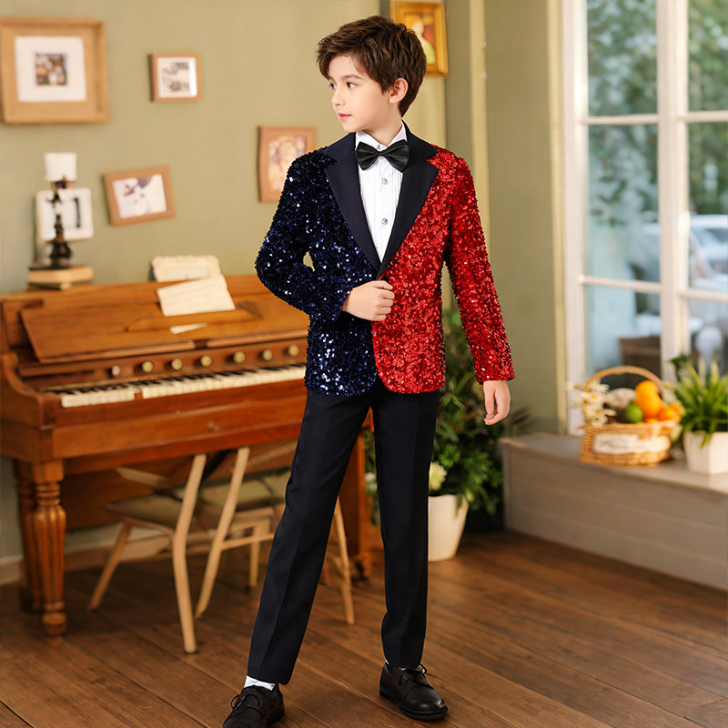 男童西装套装儿童礼服红蓝撞色主持人走秀演出服男孩亮片表演服,淘宝优惠券,粉丝福利购,淘宝优惠卷