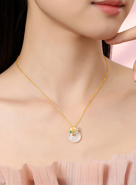 S925纯银桃花平安扣项链女小众气质百搭花朵白玉髓项饰送闺蜜礼物