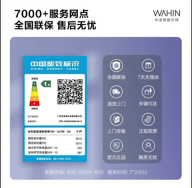 华凌空调超省电1.5匹35HA1Ⅲ-P新一级变频挂机家用卧室智能壁挂式