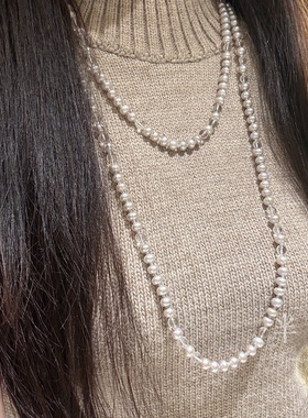 半觉封神珍珠项链灰色长款毛衣链简约设计款S925银礼物可开票