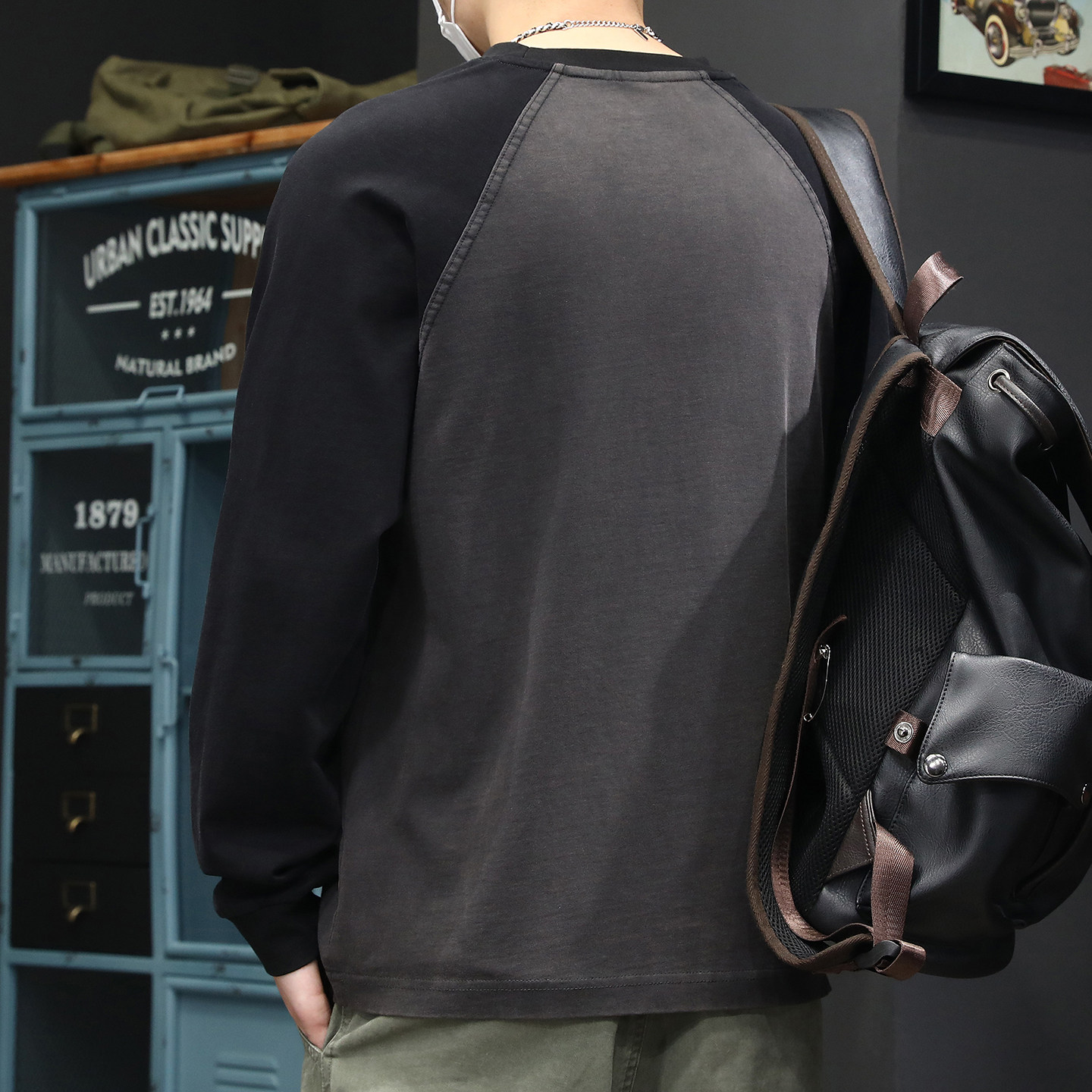 高端美式复古水洗插肩撞色长袖T恤男春季潮牌宽松重磅纯棉打底衫,淘宝优惠券,粉丝福利购,淘宝优惠卷