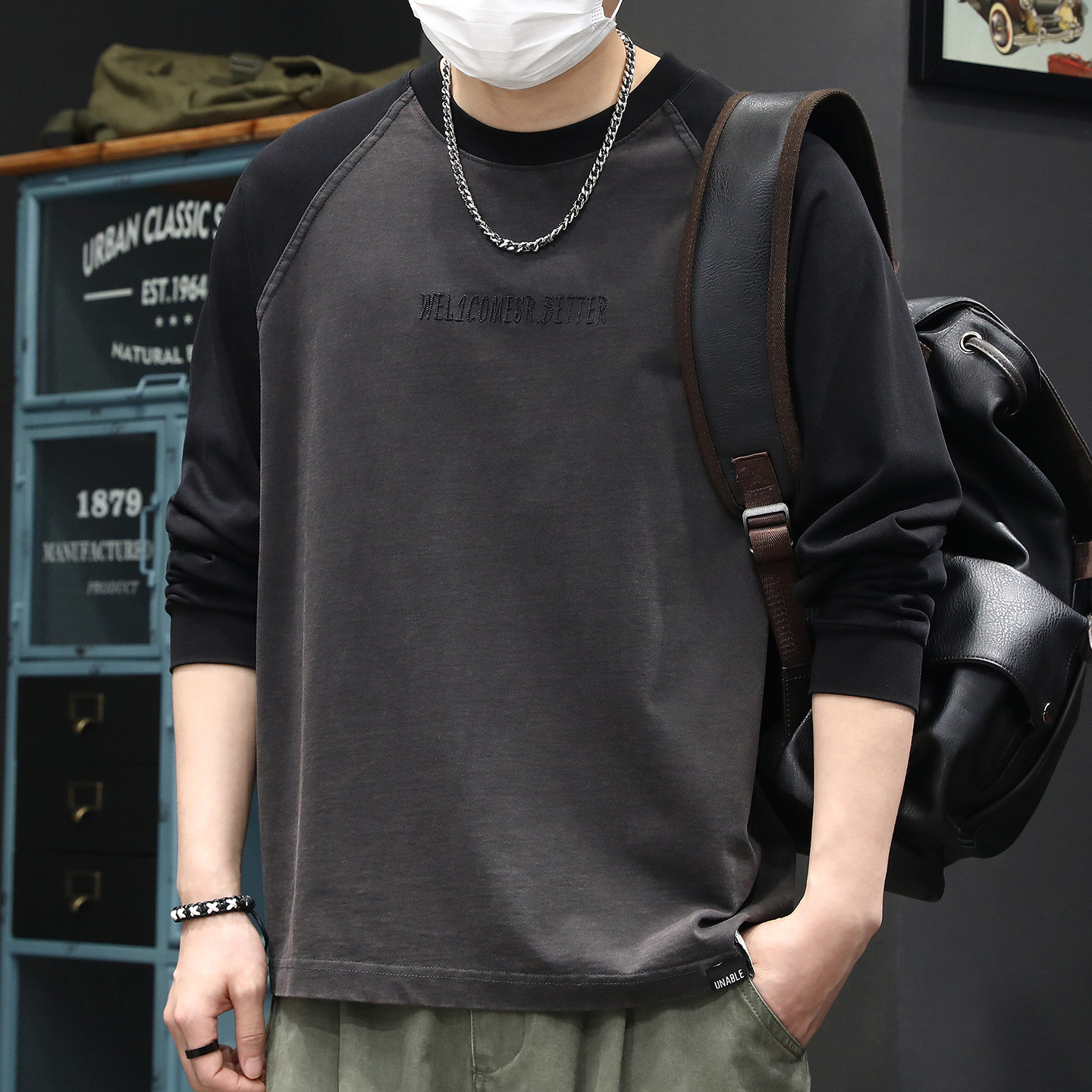 高端美式复古水洗插肩撞色长袖T恤男春季潮牌宽松重磅纯棉打底衫,淘宝优惠券,粉丝福利购,淘宝优惠卷