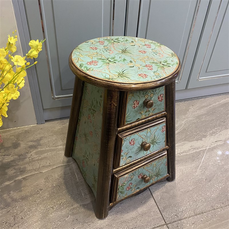 美式实木梳妆凳 欧式田园凳 带抽屉圆H凳子 家用凳 化妆凳新品 - 图1