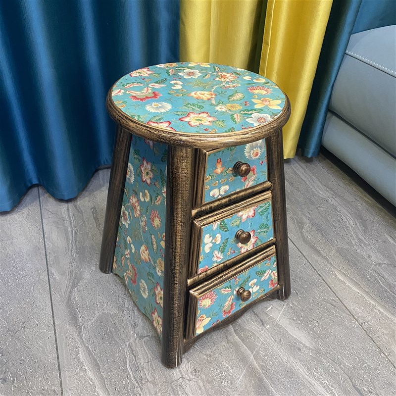 美式实木梳妆凳 欧式田园凳 带抽屉圆H凳子 家用凳 化妆凳新品 - 图0