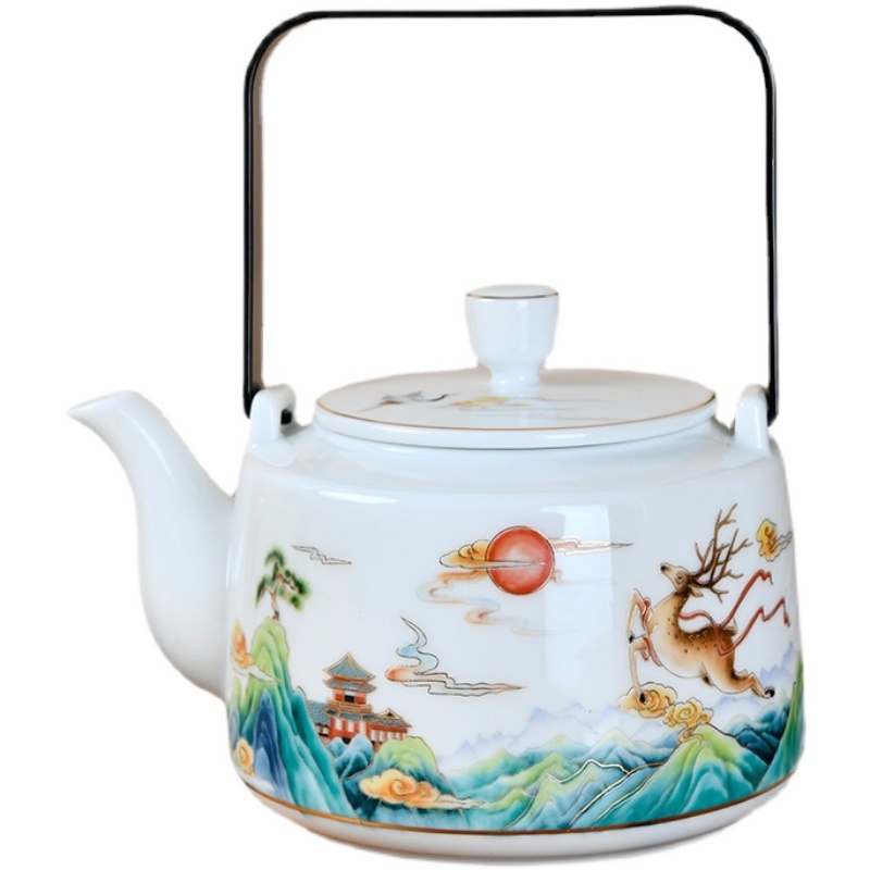 大师艺术高端陶瓷茶具大茶壶大水杯江南水墨画鹿鹤同春提梁壶套装