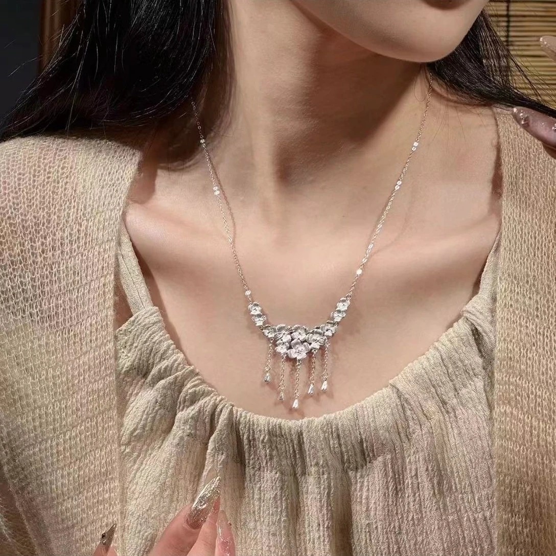 足银990花团锦簇项链手工精致高级流苏梅花女三生花锁骨链爆款