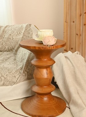 中世纪风格实木码头复古圆形t简单咖啡桌可移动边桌客厅阳台实木