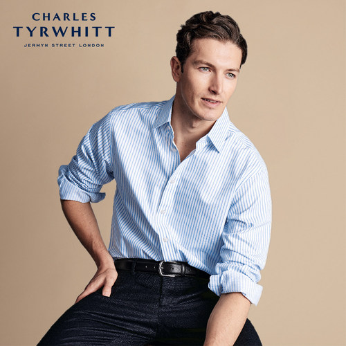 CHARLES TYRWHITT修身版型矢车菊蓝条纹免烫正装男士商务衬衫长袖 - 图1