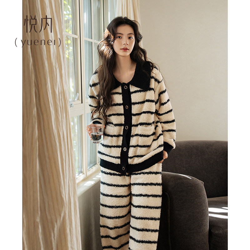 悦内半边绒睡衣女秋冬款冬季加绒加厚珊瑚绒家居服保暖条纹小香风,淘宝优惠券,粉丝福利购,淘宝优惠卷