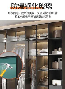 轻奢衣柜家用卧室实木质小户型衣橱现代简约储物柜免安装玻璃柜子