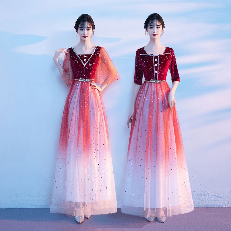 大合唱团演出服女诗歌朗诵长裙红歌比赛宴会主持人气质星空晚礼服 - 图0