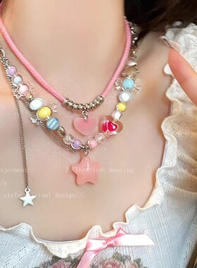 糖果乐园~多巴胺彩色串珠星星流苏项链女气质颈链甜酷辣妹锁骨链