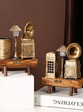 极速创意留声机小夜灯笔筒复古法式塑料桌面摆件装V饰电视柜摄影