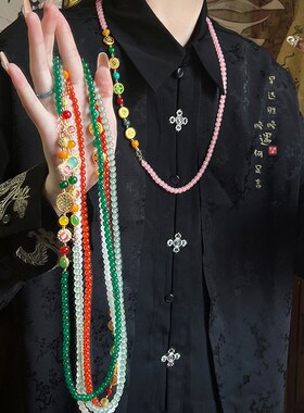 极速新中式长款天然石串珠项链女B国风复古一链多戴民族风汉服旗