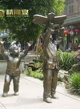 茶铺小工杂技铜雕小孩子玻璃钢制作铜雕商业街民俗人物小品雕塑