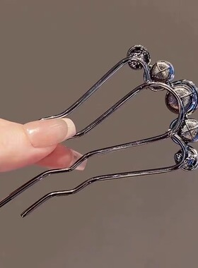 珍珠u型发簪高级感枪黑色插梳发钗古风新中式簪子盘发钗神器头饰